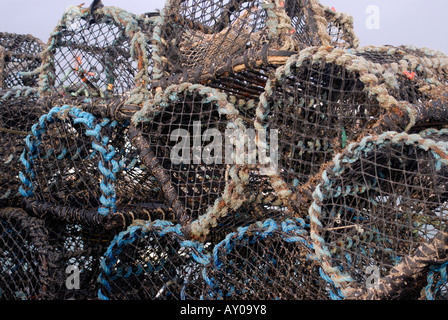 Il granchio bicchieri impilati sul quay pronto per l'uso Foto Stock