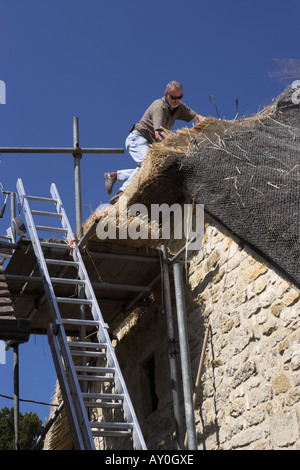 L'uomo ricoprendo di paglia un tetto, Cotswolds, England, Regno Unito Foto Stock