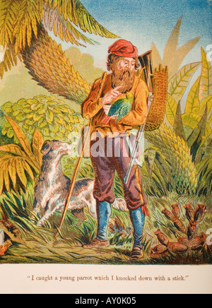 Robinson Crusoe con il suo pappagallo, dalla vita e le avventure di Robinson Crusoe di Daniel Defoe Foto Stock