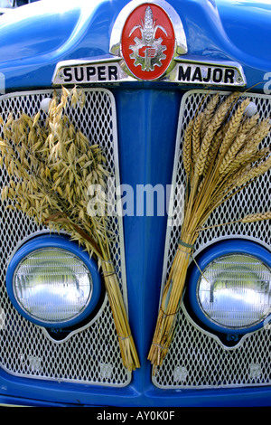 La parte anteriore del vecchio Fordson Super Major trattore decorate con cereali al momento del raccolto Foto Stock