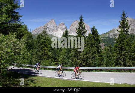 I ciclisti sul Passo Sella, con vette del Sassolungo in background, Dolomiti, Italia Foto Stock