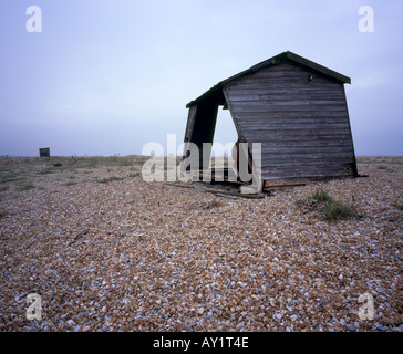 Retro di un fatiscente fishermans hut circa al collasso, Dungeness, Kent, England, Regno Unito Foto Stock