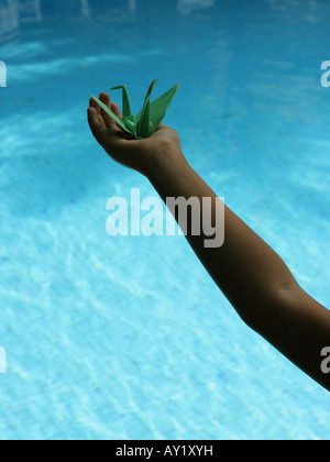 Angolo di alta vista della mano di una persona in possesso di un cigno di carta su una piscina Foto Stock