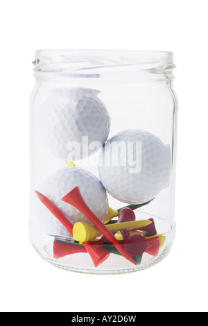 Palline da golf e Tees in bottiglia Foto Stock