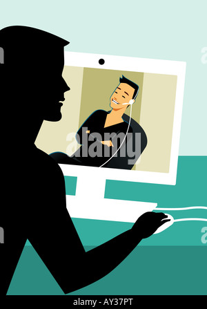 Silhouette di un uomo chat in Internet Foto Stock