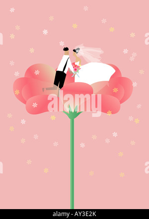 Sposa giovane in piedi su un fiore rosa Foto Stock