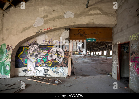 Il magazzino di un sito brownfield fabbrica, a Vichy (Allier - Francia). A Vichy, entrepôt d'une usine désaffectée (Francia). Foto Stock