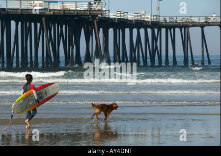 Un ragazzo con la tavola da surf e il suo cane per la testa l'oceano per navigare Foto Stock