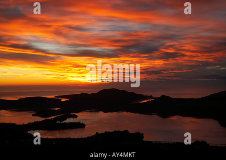 Alba vista del porto di Otago e la penisola di Otago da Mt Cargill Dunedin Isola del Sud della Nuova Zelanda Foto Stock