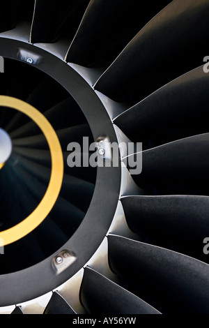 Primo piano di aspirazione di aria di un IAE V2500 motore turbofan che mostra la struttura del metallo sulle pale della ventola. Foto Stock