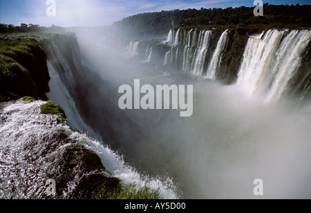 Guardando verso il basso la Iguassu Falls da la Garganta del Diablo Devils gola Cataratas del Iguazu Argentina Foto Stock