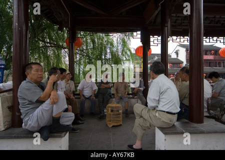 I vecchi residenti locali è la lettura di notizie di carta a mattina nella antica città di Qibao vicino a Shanghai. Foto Stock