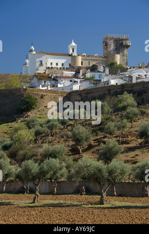 Portogallo Alentejo, Estremoz, murata medievale visto sugli uliveti Foto Stock