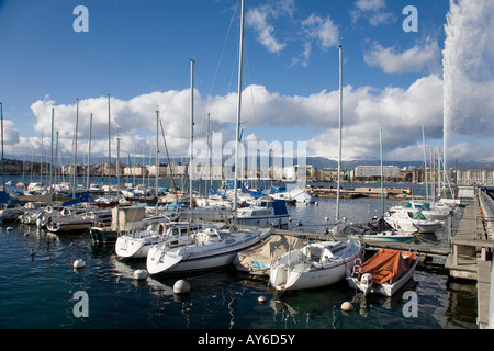 Barche nel porto di Ginevra sul Lago di Ginevra (Lac Leman) in inverno Foto Stock