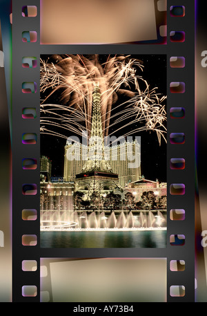 Inquadratura Filmstrip View di fuochi d'artificio a Parigi Hotel e Casinò di Las Vegas Nevada Foto Stock