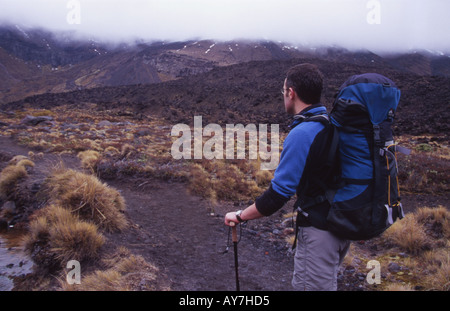 Lone Tramper il Tongariro Crossing del Parco Nazionale di Tongariro Isola del nord della Nuova Zelanda Foto Stock