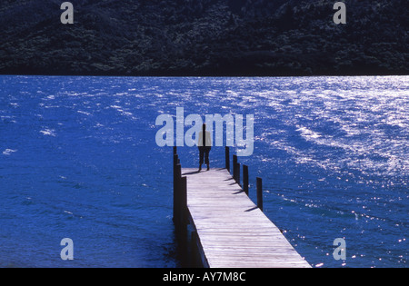 Walker sull'estremità di un molo a cercare in ingresso il Queen Charlotte Sound Isola del Sud della Nuova Zelanda Foto Stock