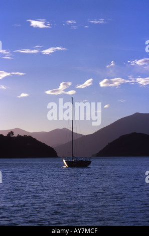 Yaught ormeggiata in Portage Bay Kenepuru Sound Isola del Sud della Nuova Zelanda Foto Stock
