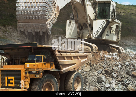 Close up dumper essendo riempito con il minerale di oro corpo per il trasporto dalla fossa a cielo aperto dopo la sabbiatura per impianto di frantumazione, Ghana Foto Stock