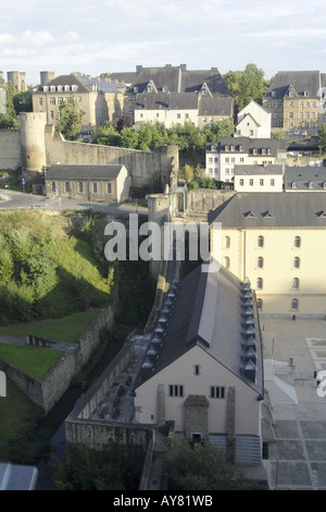 Rham Plateau e il Neumunster Abbazia nel Grund distretto di Lussemburgo Foto Stock