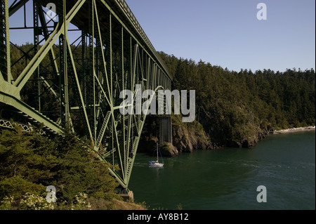 Barca a vela vele sotto inganno passare ponte nel Rosario direttamente da Cornet Bay Whidbey Island Washington Foto Stock