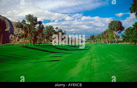 Palm Springs CA California Indian Wells golf bunker alberi bandiera verde golf flagstick attività del foro Foto Stock