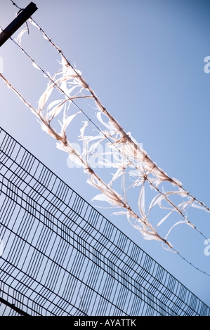 Rifiuti di plastica rubish catturati su un barbiglio recinto di filo insieme contro un cielo blu in una giornata di sole Foto Stock