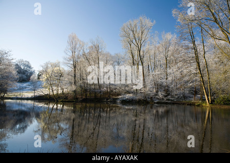 Regno Unito Cheshire bramhall stockport Parco Lago inverno dopo la caduta di neve Foto Stock