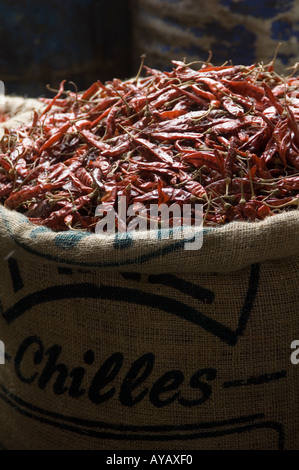 Sacco di secchi peperoncino rosso per la vendita al mercato di Negombo, nei pressi di Colombo, Sri Lanka. Foto Stock