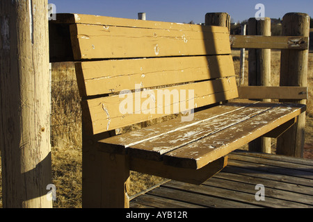 Panca in legno nel pesce Creek Park, Calgary, Alberta Foto Stock