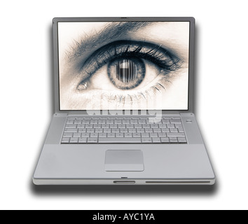 LAP TOP computer portatile con schermo di visualizzazione immagine della femmina di chiudere gli occhi in su con il codice a barre nel centro della pupilla Foto Stock