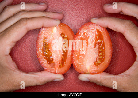 Due metà di un pomodoro a fette nella donna visualizzati a mano Foto Stock