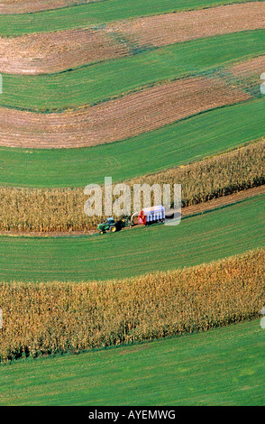 Vista aerea della striscia di contorno agricolo raccolto di mais nel sud-ovest del Wisconsin Foto Stock