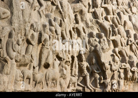 Arjuns penitenza Rock Carving in rilievo a Mamallapuram India del Sud Foto Stock