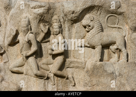 Arjuns penitenza Rock Carving in rilievo a Mamallapuram India del Sud Foto Stock