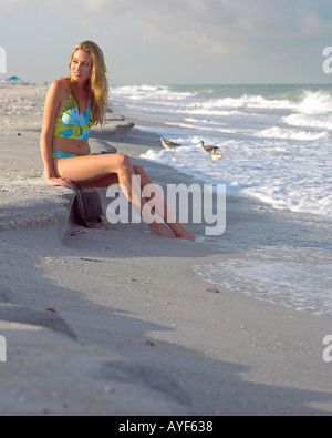 Giovane donna in costume da bagno si siede pacificamente lungo Indian Rocks Beach Florida USA litorale nelle prime ore del mattino Foto Stock