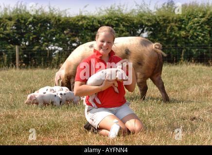 Una farm PARK ASSISTANT applica il blocco di Sun per le orecchie di un GLOUCESTER OLD SPOT maialino al Cotswold Farm Park Foto Stock