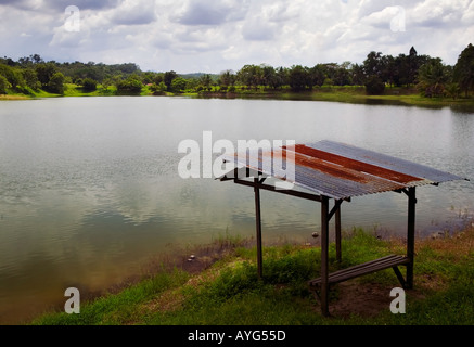 Riparo in metallo che si affaccia su un piccolo lago in Malesia Foto Stock