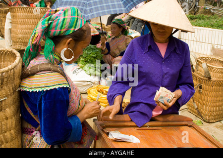 Fiore donne Hmong condurre una transazione Bac Ha mercato vicino a Sapa Vietnam Foto Stock