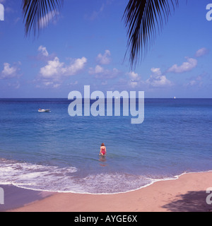 Signora in costume da bagno di passeggiate in un incantevole calma blu del mare su una spiaggia a Gros Islet sulla costa nord di St Lucia Caraibi Foto Stock