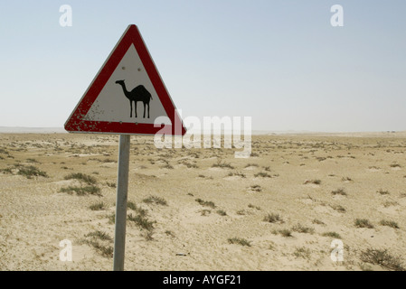 Un segno che indica di attraversamento del cammello nel deserto del nord del Kuwait in prossimità del confine in Iraq Foto Stock
