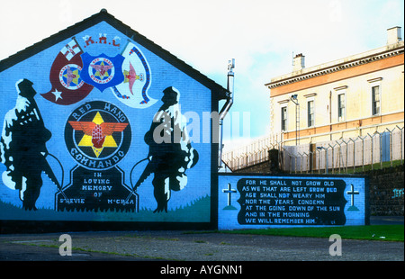Murali sulle strade di Shankhill Rd raffiguranti le lotte paramilitari dei lealisti West Belfast Irlanda del Nord Foto Stock