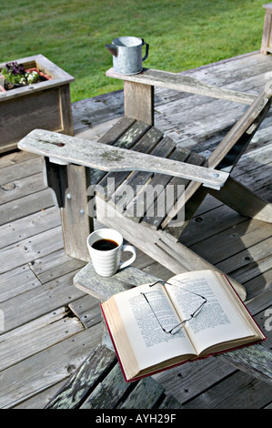 Una mattina tranquilla per il caffè e un libro sul ponte di una cabina lungo l'Oceano Pacifico in California centrale Foto Stock