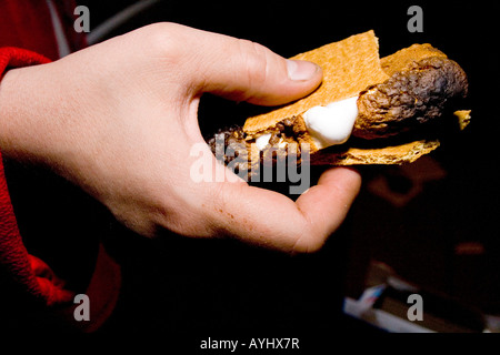 Appena tostato marshmallow schiacciato tra graham cracker e una tavoletta di cioccolato. Clitherall Minnesota USA Foto Stock