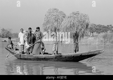 B/N di un traghetto tradizionale che trasporta passeggeri e lavoratori che trasportano fieno, su un affluente del fiume Gange. Madaripur, Bangladesh Foto Stock