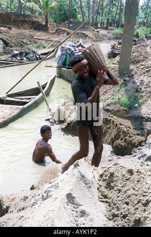 Gli uomini la rimozione di argilla dal fiume in corrispondenza di un mattone sito di produzione India Kerala uno stato sulla costa tropicale di India sud occidentale Foto Stock