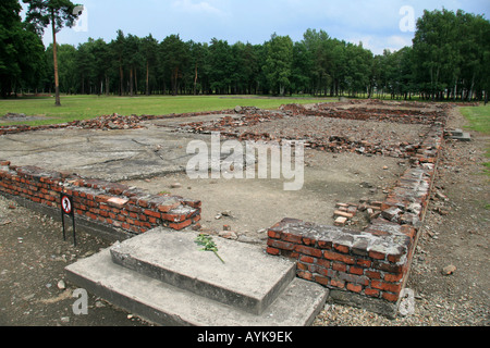 Il rovinato rimane del crematorio IV presso l'ex campo di concentramento nazista di Auschwitz Birkenau. Foto Stock