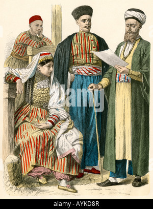 Tartari russa dalla Crimea nel loro abbigliamento nativo. Colorate a mano la stampa Foto Stock