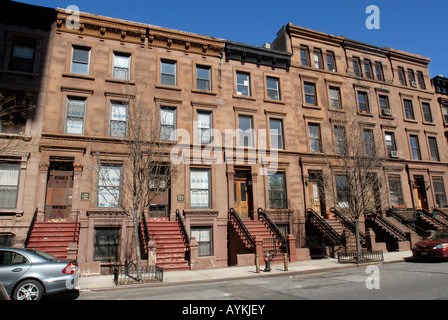 Case di arenaria West 126Street in Harlem in NYC Foto Stock