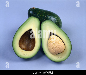 Avocado tagliato a metà con sementi STUDIO (Persea americana) Foto Stock